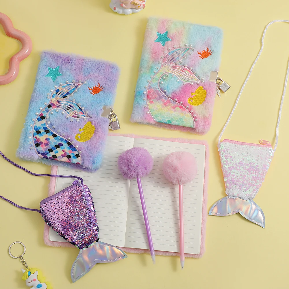 3pcs Mermaid Plush Notebook Set Cute Plush Fishtail Notebook Ballpoint Pen Stationery Crossbody Bag School Office Supplies