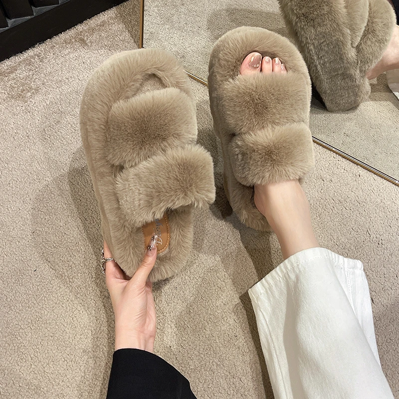 New Winter Open Toe Slipper Fur Thick Sole Flats Heel Ladies Casual Slip On Bedroom Shoes Soft Outdoor Fashion Fur Slippers