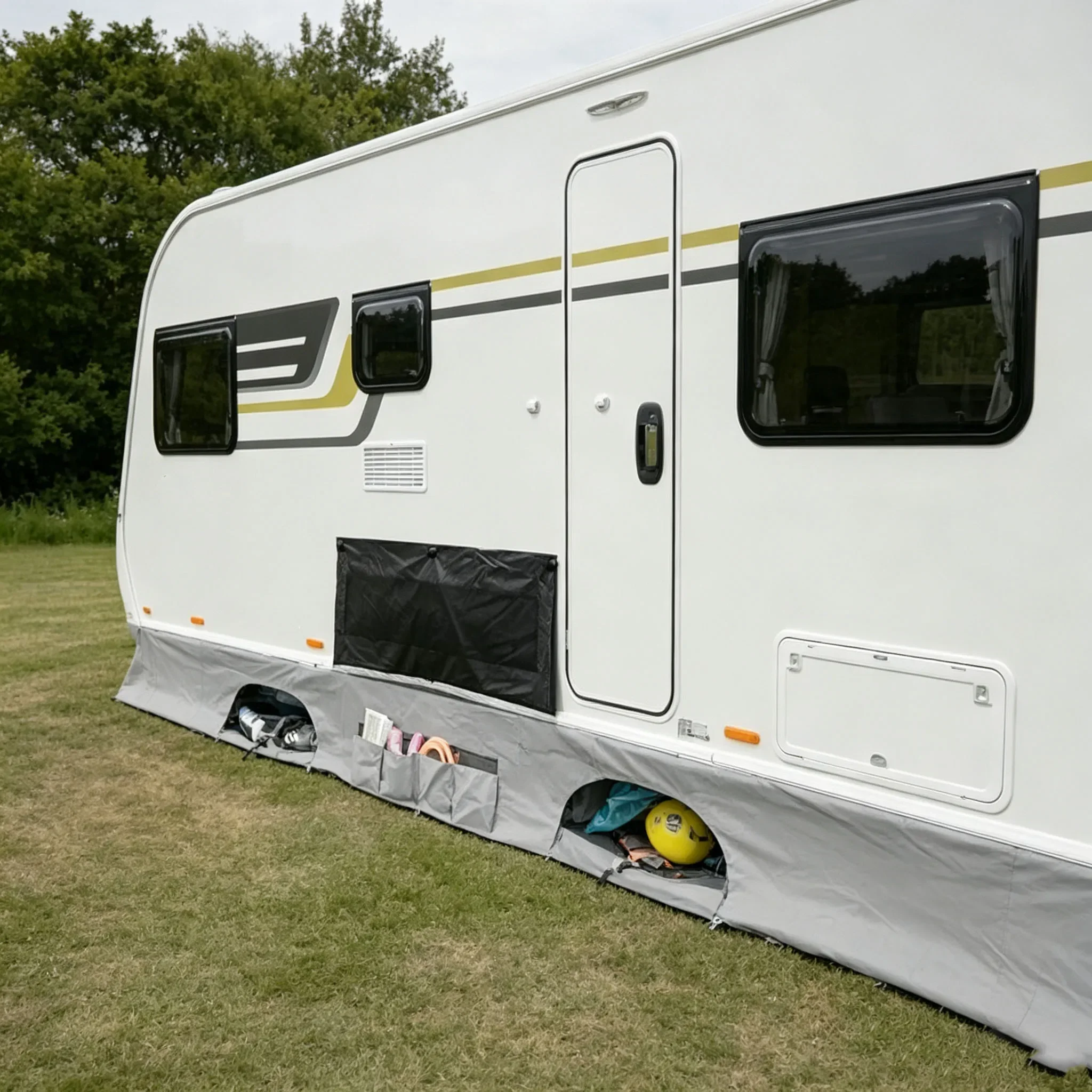 600cm Adjustable Caravan Draught Skirt with Storage Pockets Motorhome Wind Protector Camping Van Side Accessory