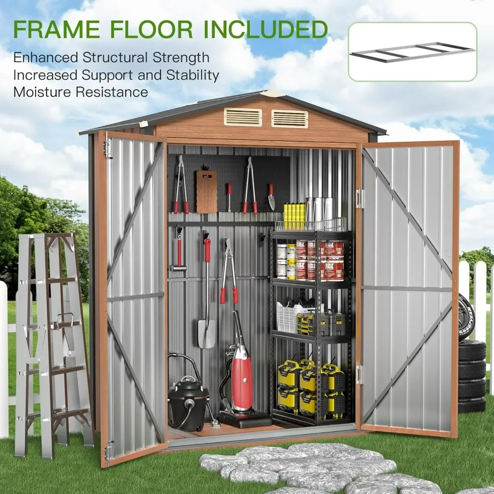 Outdoor Storage Shed, 5x3 Ft Metal Tiny House with Frame Floor Lockable Door, Vertical Outside Storage Building, Tool Storage