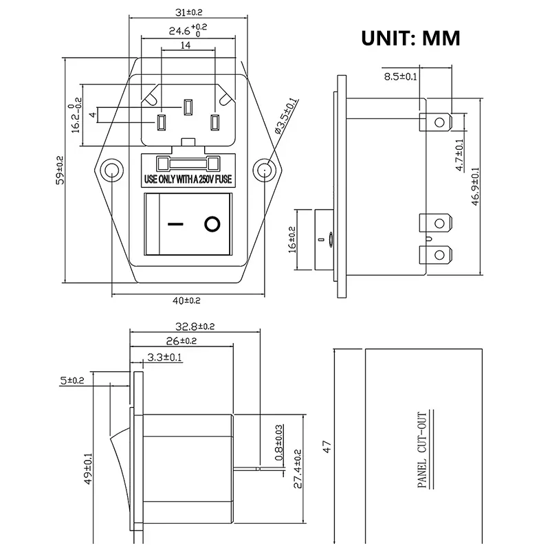 AC Power Socket AC-01A-2 10A 250V Electrical Rocker Switch Brass Plug with Fuse Connector for Computer Mount Outlet