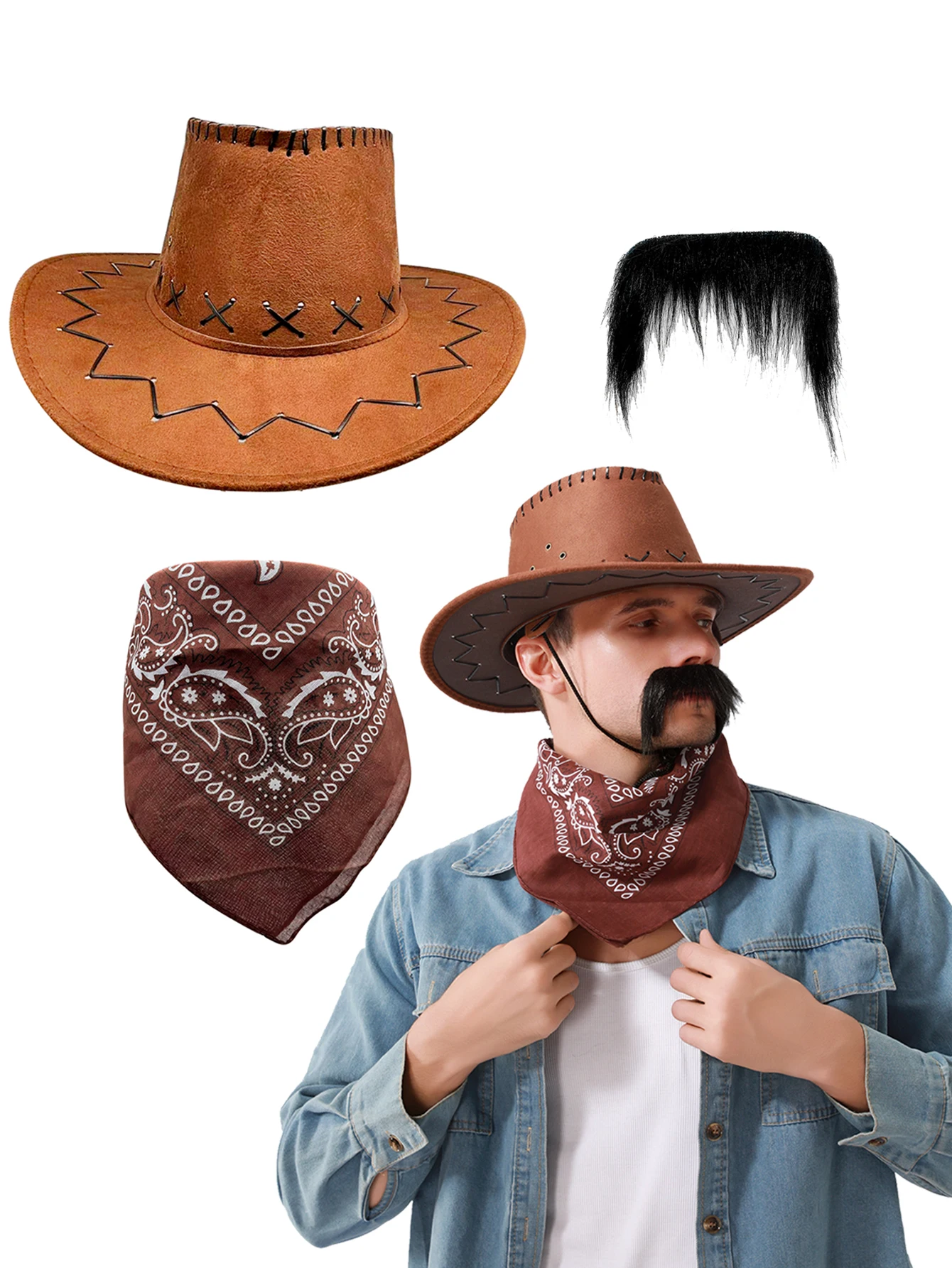 Western Cowboy Costume Set Brown Felt Hat Paisley Bandana Fake Mustache for Halloween Cosplay Country Party Fancy Dress