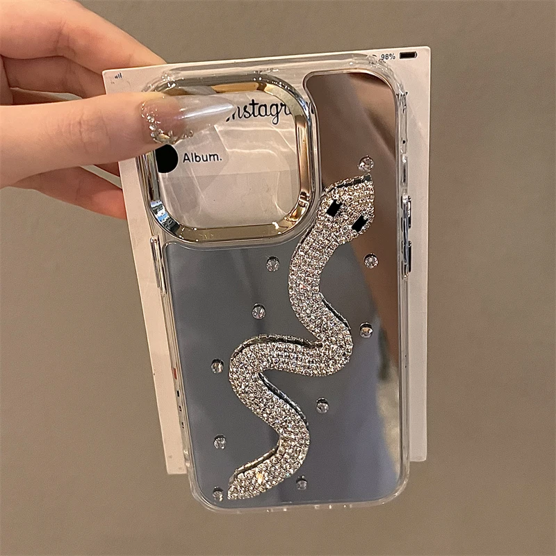 Luxury Glitter Diamond Mirror Phone Case For iPhone 16 14 13 12 11 15 Plus + Rhinestone Snake High Quality For iPhone16Pro Cover