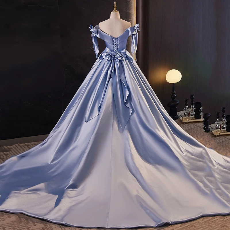 AnXin SH princesa azul satén cuello barco lazo grande manga corta vestido de baile escenario encaje hasta fiesta de presentador vestido de noche personalizado