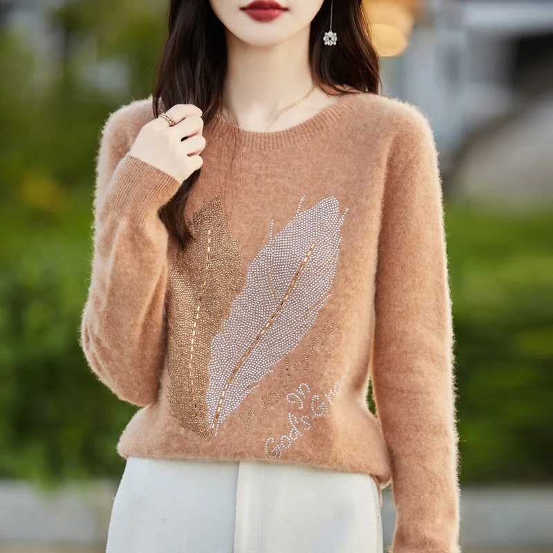 Women-2024 Autumn Korean Style Round Neck Knitted Sweater Long-sleeved Pullover Loose-fit Diamond-studded Top