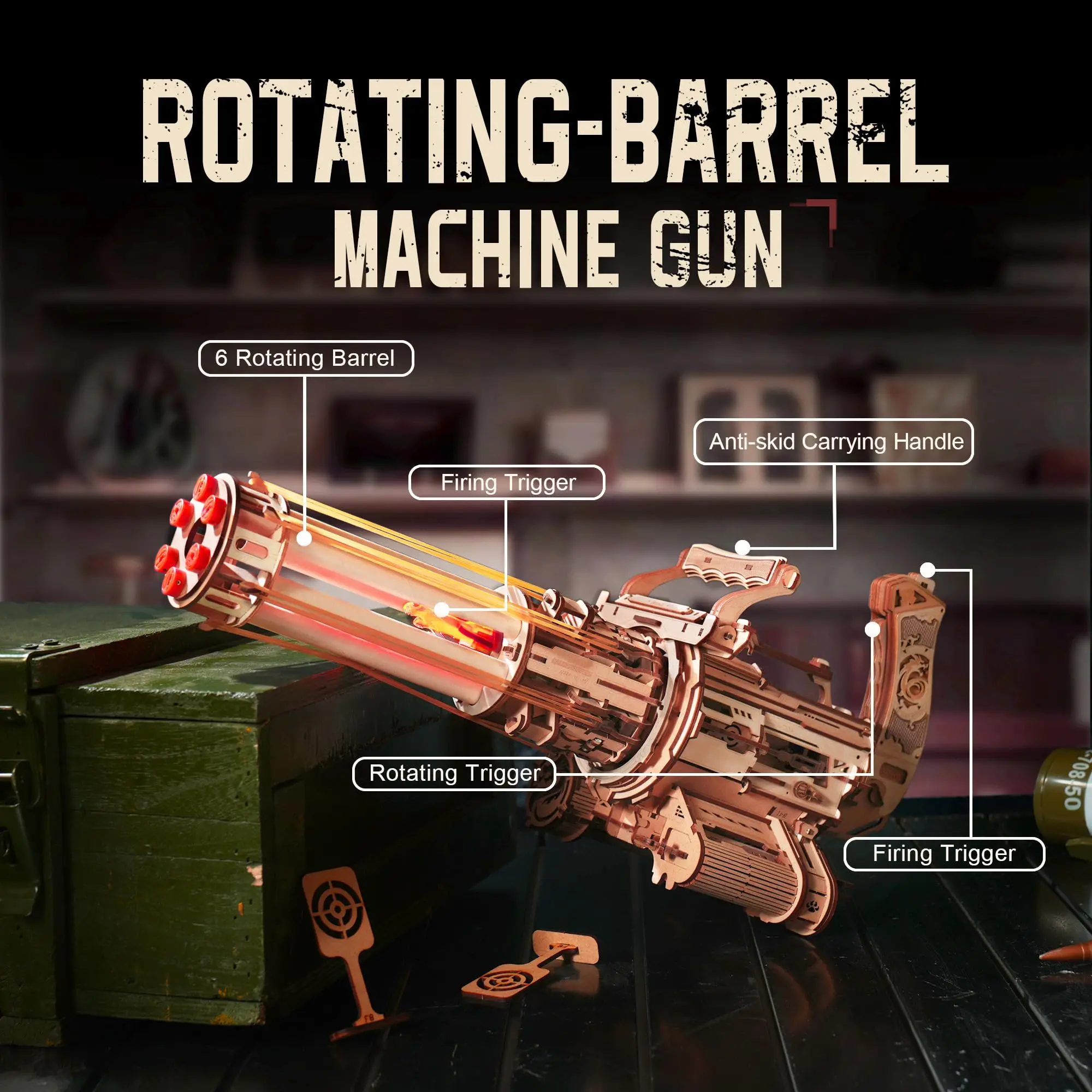 Robotime Rokr Rotating-Barrel Machine Gun Toy with Light 3D Wooden Puzzle for Kids Adults Building Block Rokr Puzzle Kits