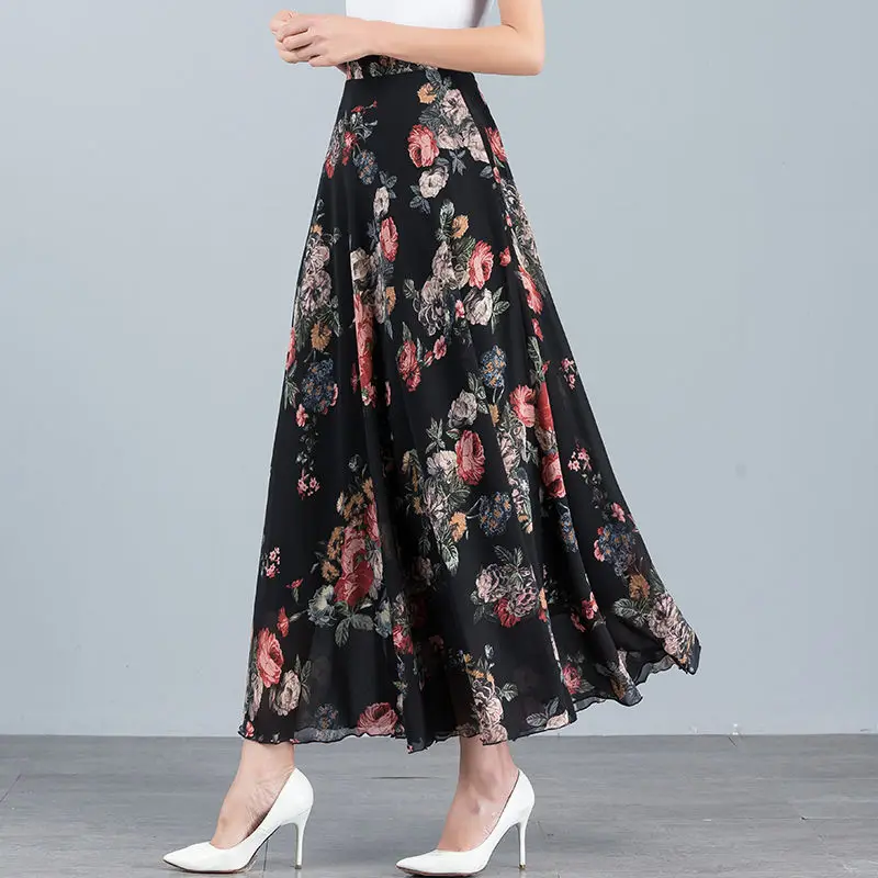 High Quality Summer Women's  Flower Maxi Skirt Female High Waist Chiffon Dance Beach A-Line Skirts