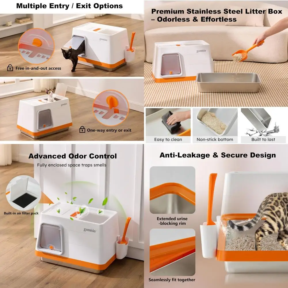 

Большой закрытый лоток для кошек с крышкой, фильтром для устранения запахов, XL, с боковым/верхним входом для крупных кошек