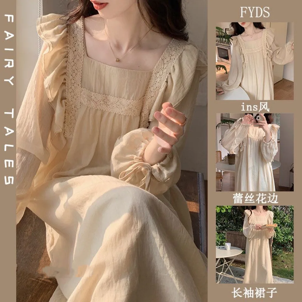 Girls Autumn Winter Long-sleeve Solid Color Lace Trim Nightgown Woman Long Loungewear Lady Soft Home Outfit Women Loose Casual