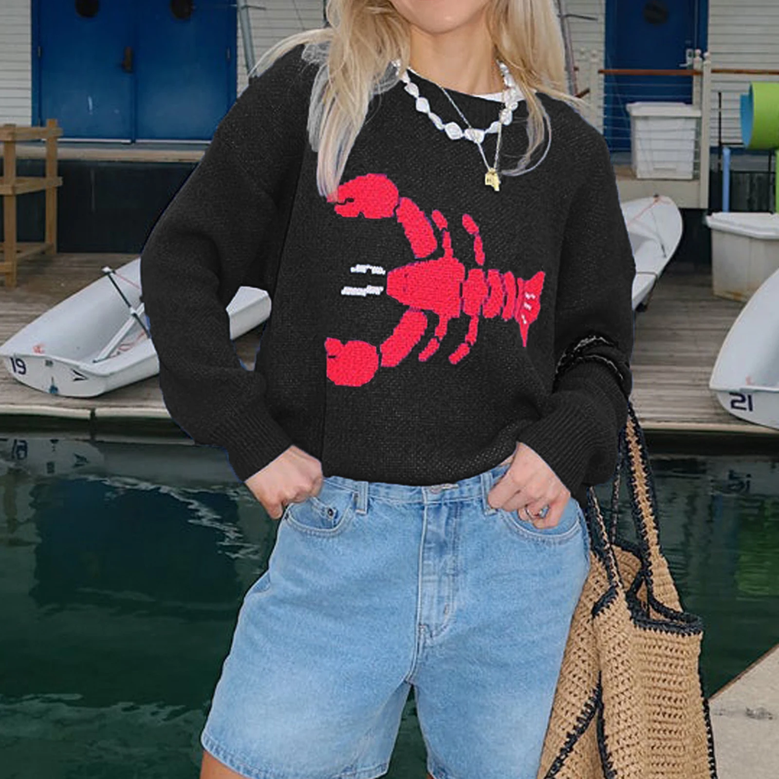 سترة نسائية كلاسيكية مطبوعة بأكمام طويلة ورقبة دائرية بلوفر جراد البحر سترة دافئة لخريف وشتاء