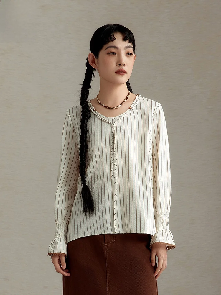 

Fashionable Retro Striped Shirt Women's Mid-Length Cotton Polyester Blend Long Sleeve round Neck Classic Style Casual Top