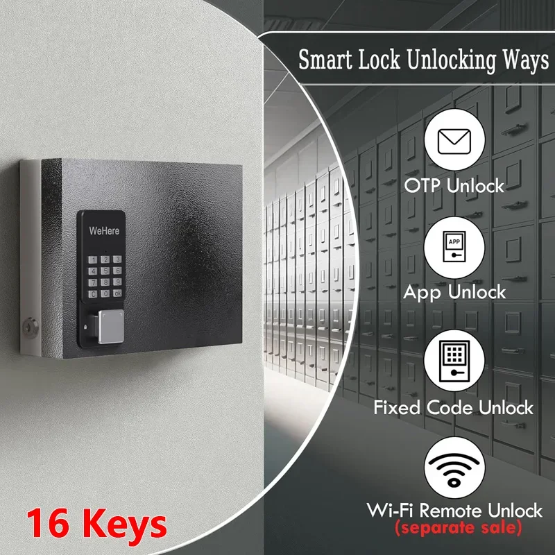 Montagem em parede Smart Key Safe Box, App Bluetooth, Senha Única, Wi-Fi, Código Fixo, Key Unlock, Suporte APP, 16 Chaves