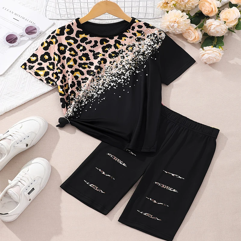 Two Piece Summer Girl Cute Breathable Leopard Print Round Neck Short Sleeved Shorts Princess Casual Birthday Party Costume Set