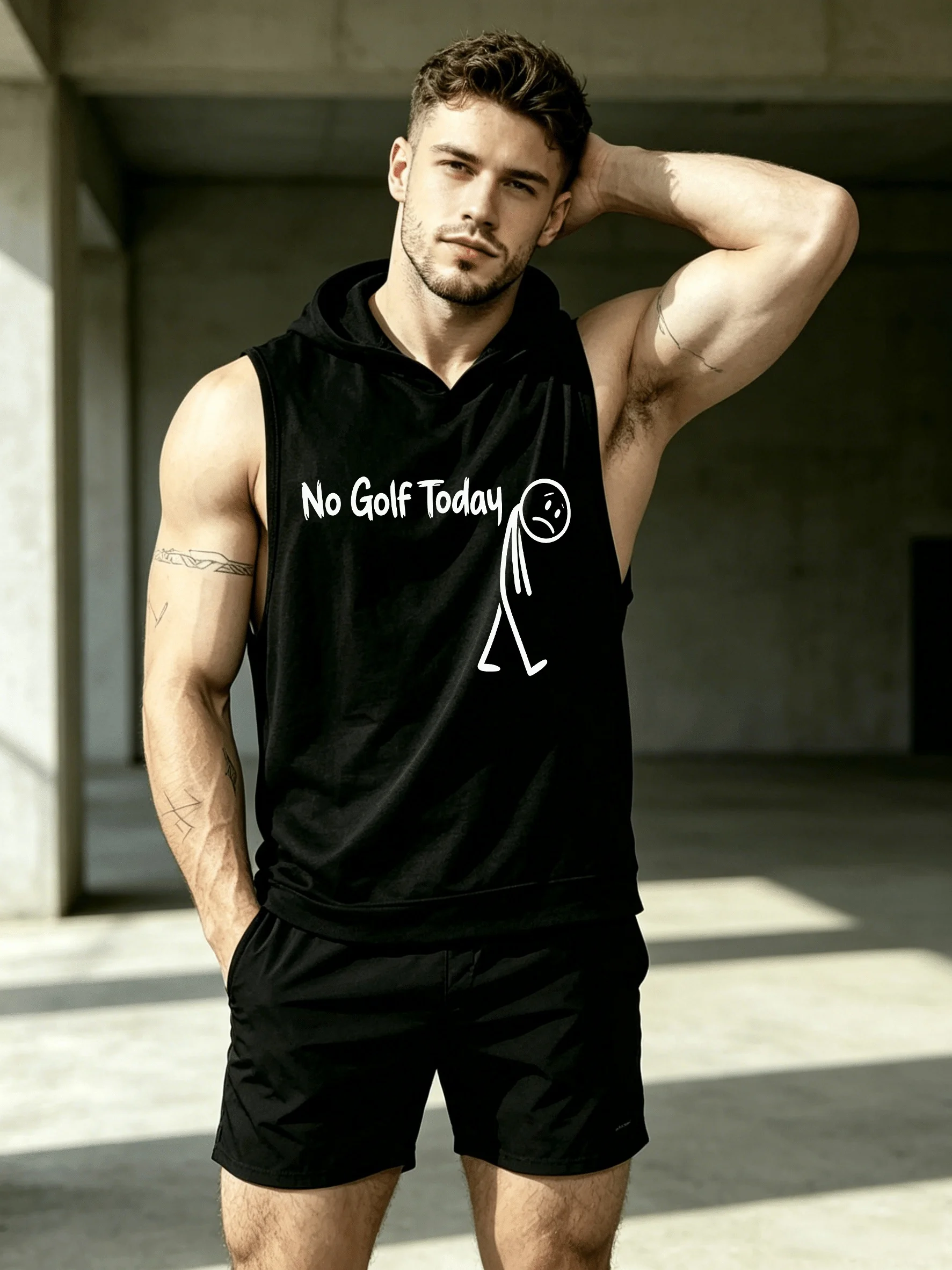 Summer Men's 2PCS Casual No Golf Today Print Sports Two-Piece Set, Hooded Sleeveless Vest Top T-Shirt with Shorts with Pocket Two-Piece Set, Cool And Comfortable, Black Minimalist Style
