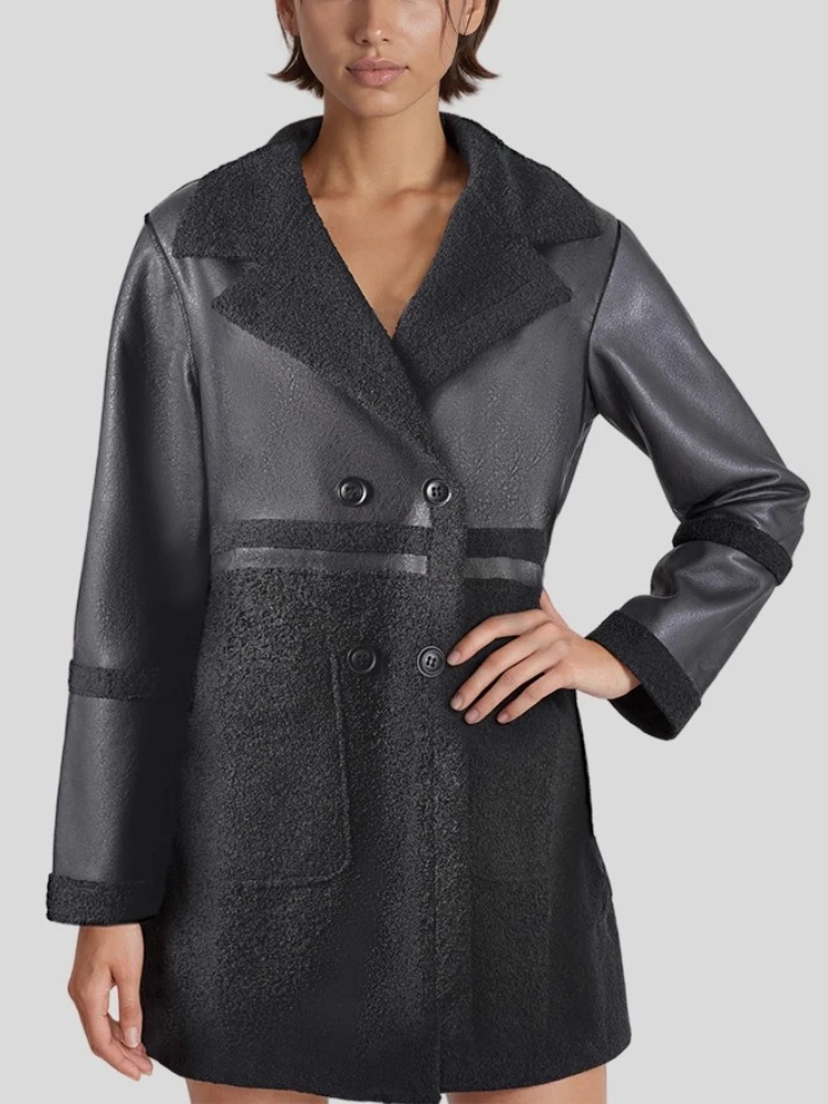 

2025 Medium To Long Length Women's Leather Jacket with Vintage Two-Sided Design Thickened and Fleece-Lined Patchwork Coat