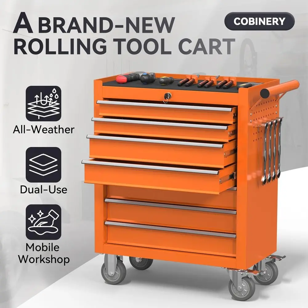 

7 Drawer Rolling Tool Chest with Lockable Metal Cabinet, Swivel Casters for Workshop, Garage, Repair Shop (Orange)