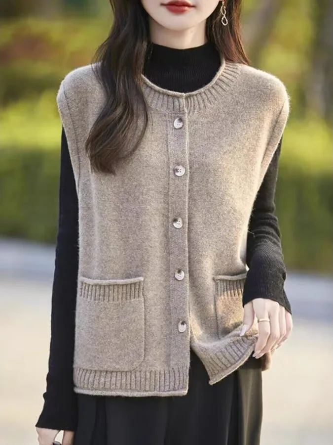 

Ele шерстяной женский открытый кардиган, круглый свободный зимний теплый модный вязаный жилет, повседневный удобный