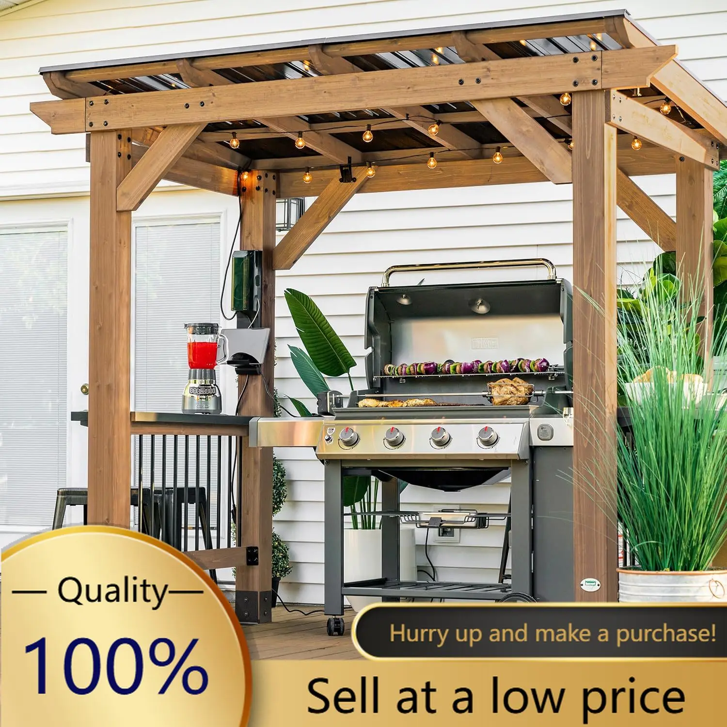 Saxony 8' x 5' Cedar Wood BBQ Grill Gazebo Pavilion with Hardtop Galvanized Steel Roof, Bar Tops, Powerport, Snow Support, Wind