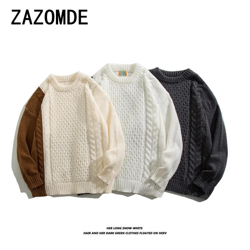 ZAZOMDE Vintage Color Block Round Neck Sweater For Men And Women Casual Streetwear Loose Fit Knitwear Trendy Couple Sweatshirt