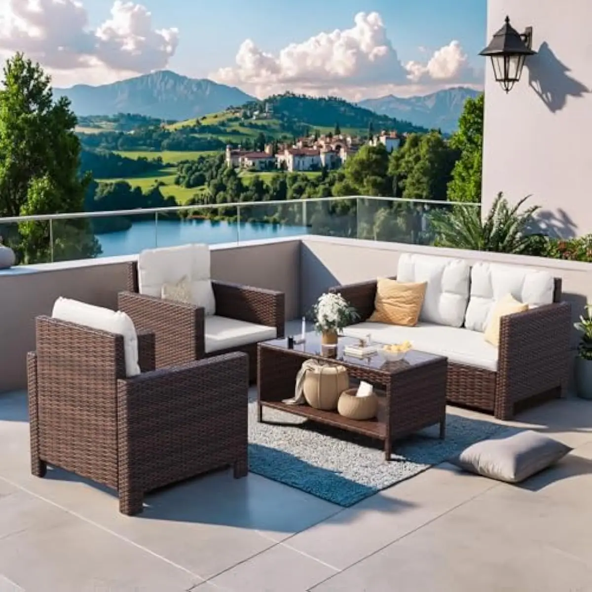 4-piece outdoor wicker set with loveseat armchairs coffee table tempered glass top and 8 premium cushions beige brown American s