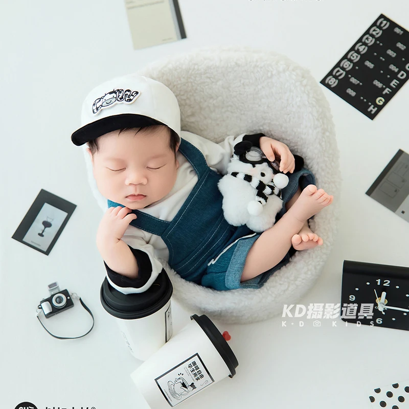 Cool Newborn Baby Boy Photoshoot Outfit 3Pcs Denim Suspender Shorts Baseball Hat Romper Infant Full Moon Photo Accessory