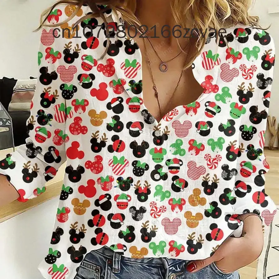 

Disney Mickey Christmas Long Sleeved Women's Shirt Fashionable and Elegant Button Shirt Disney Mickey Hawaiian Women's Shirt