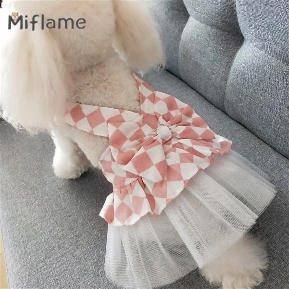 

Miflame Pet Dog Clothing Princess Fluffy Skirt Teddy Pomeranian Schnauzer Small Medium Dogs Clothes Summer Cat Dog Plaid Dress