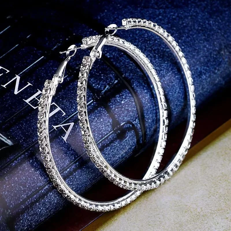 TREAZY Bling Full Rhinestones Circle Earrings Fashion Gold/Silver Color Crystal  Big Round Hoop Earrings For Women Wedding Party