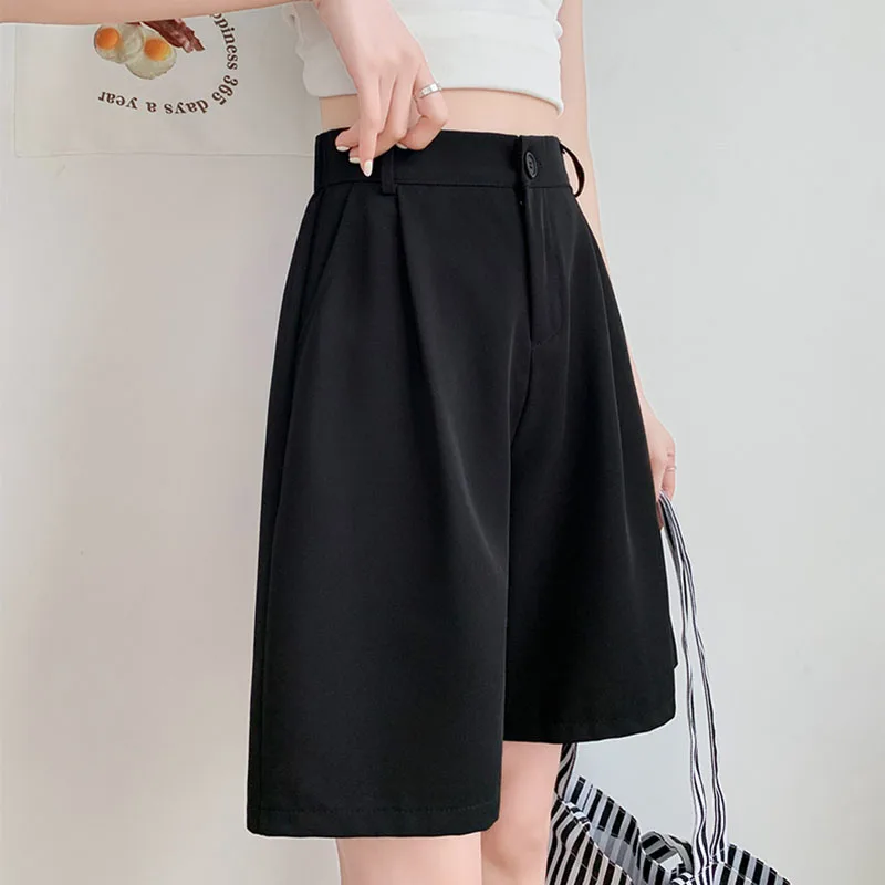 Summer Black Suit Shorts Women Korean Thin Loose Wide Leg Casual Shorts Ladies Versatile Pockets Office Solid Knee-length Pants