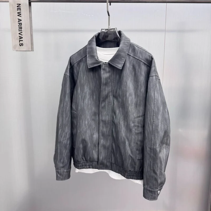 

Original Design Autumn Winter Casual Loose PU Leather Jaet Men's ey Workwear Coat Faionable Urban Sle Long Sve Zipper