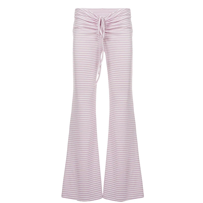 Early Autumn Simple Fashion Striped Drawstring Striped Pink Comfortable Fitted Micro Flare Pants