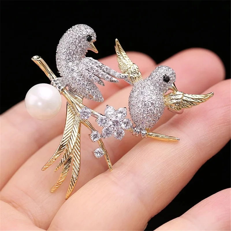 أنيقة سيدة الحيوان بروش الزركون و تقليد اللؤلؤ لطيف الطيور بروش السيدات الملابس الزخرفية بروش مجوهرات #2