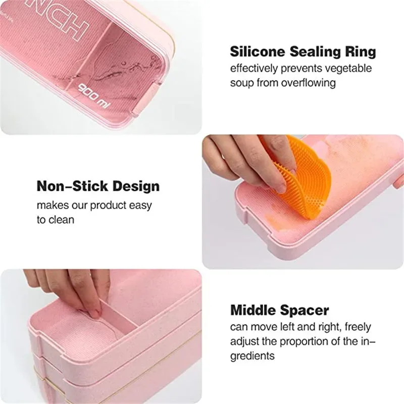 صندوق بينتو للطلاب مع أدوات المائدة والمكتب وصندوق الغداء 3 طبقات ذات سعة كبيرة يمكن استخدامه لأفران الميكروويف وختم جيد