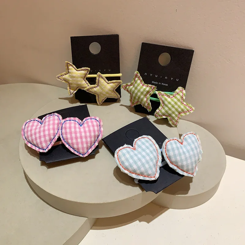

2 Pcs Women's Elastic Hair Bands Set Korean Fabric Heart-shaped Star Plaid Sweet Kawaii Hair Ropes High-quality Hair Accessories