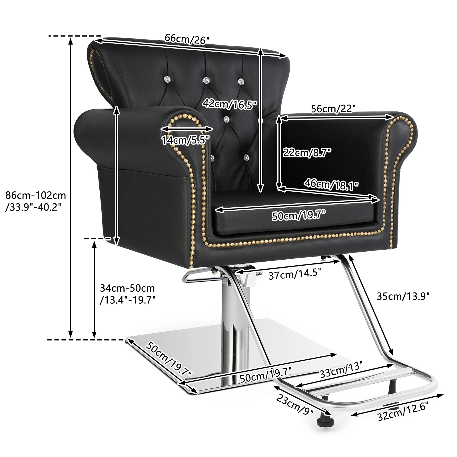 Silla de barbero en forma de corona, Funda de cuero de PVC, rodamiento de carga, placa cuadrada de acero inoxidable con reposapiés, silla de barbero negra