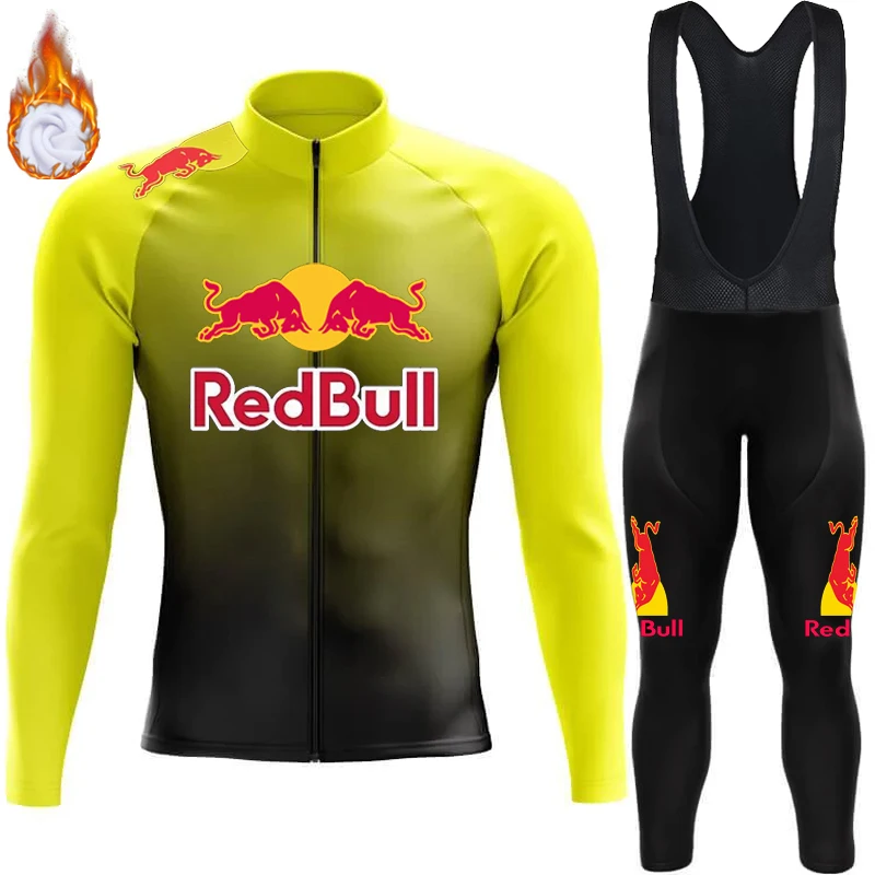 Winter Fleece Cycling Jersey Men's Clothing Red Bull Thermal Outfit 2024 Mountain Bikes Long Sleeve Man Set Clothes Bib Jumper