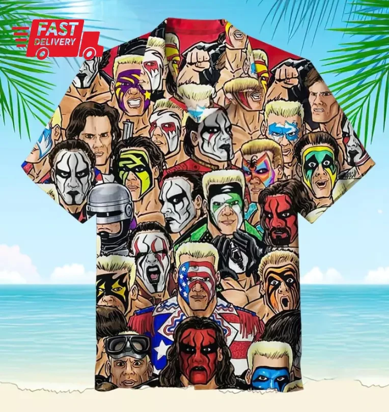 2024 Summer New Fashion Mexican Men\'s Hawaiian Shirt Beach Summer Button Down Mexican Mask Wrestling Hawaiian Men\'s Shirt