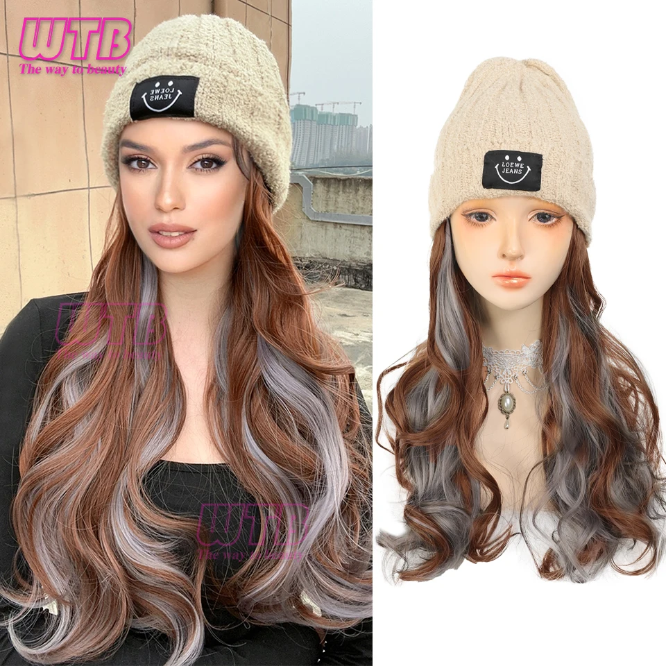 

WTB Synthetic Hat Wig Beanies Hat With Hair Wigs For Women Long Wavy Hair Warm Soft Ski Knitted Autumn Winter Cap Heat Resistant