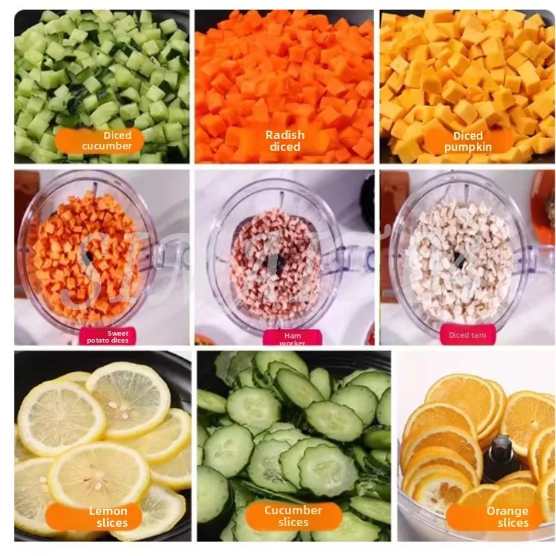 Commercial Electric Vegetable Dicer, Carrot Dicer, Fruit, Potato, Onion Ring, Granulator, and Cube Cutter.