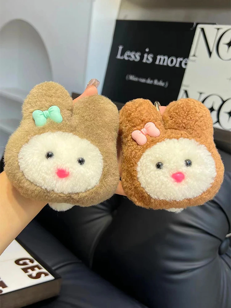 Cute Bowknot Bunny Real Wool Fur Keychain Girls Schoolbag Ornaments Rabbit Plush Toy Trinkets Women Bag Car Keyring Pendant Gift