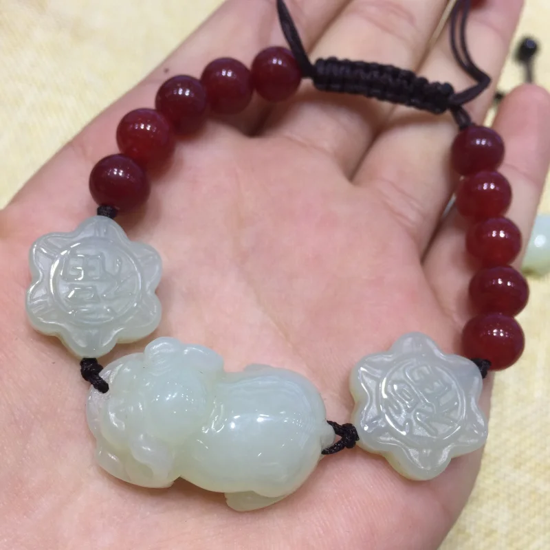 

zodiac pig with Hetian jade Fu character red and black agate beads, unisex bracelet