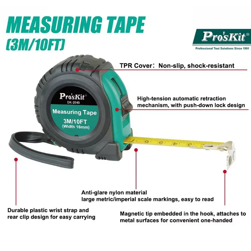 Pro'skit Measuring Tape 3m/5m/7.5m Non-Slip Automatic Retraction Manual Tool for Construction Site Measurement