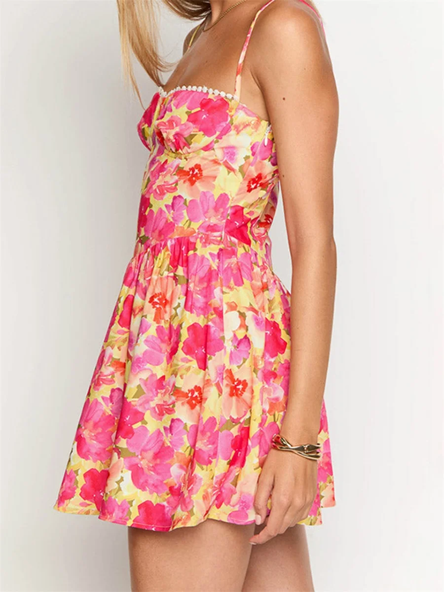 Women Mini Dress Floral Print Spaghetti Strap Cami Dress Summer Fashion Sleeveless Casual Dress