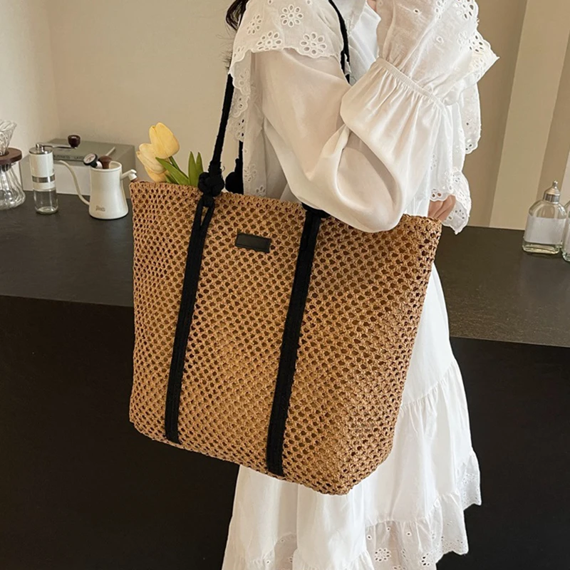 Summer Woven Straw Tote Bag Casual Beach Vacation Women Shoulder Bags Large Capacity Female Handbags Solid Color