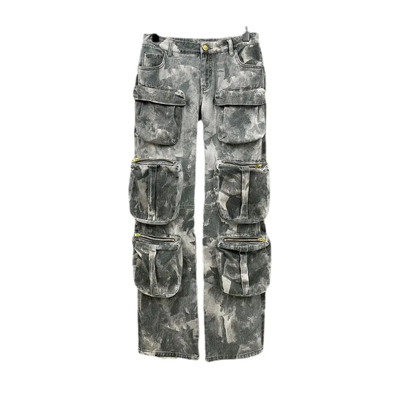 Street trend design sense 2024 new camouflage multi pocket workwear pants loose spicy girl casual pants