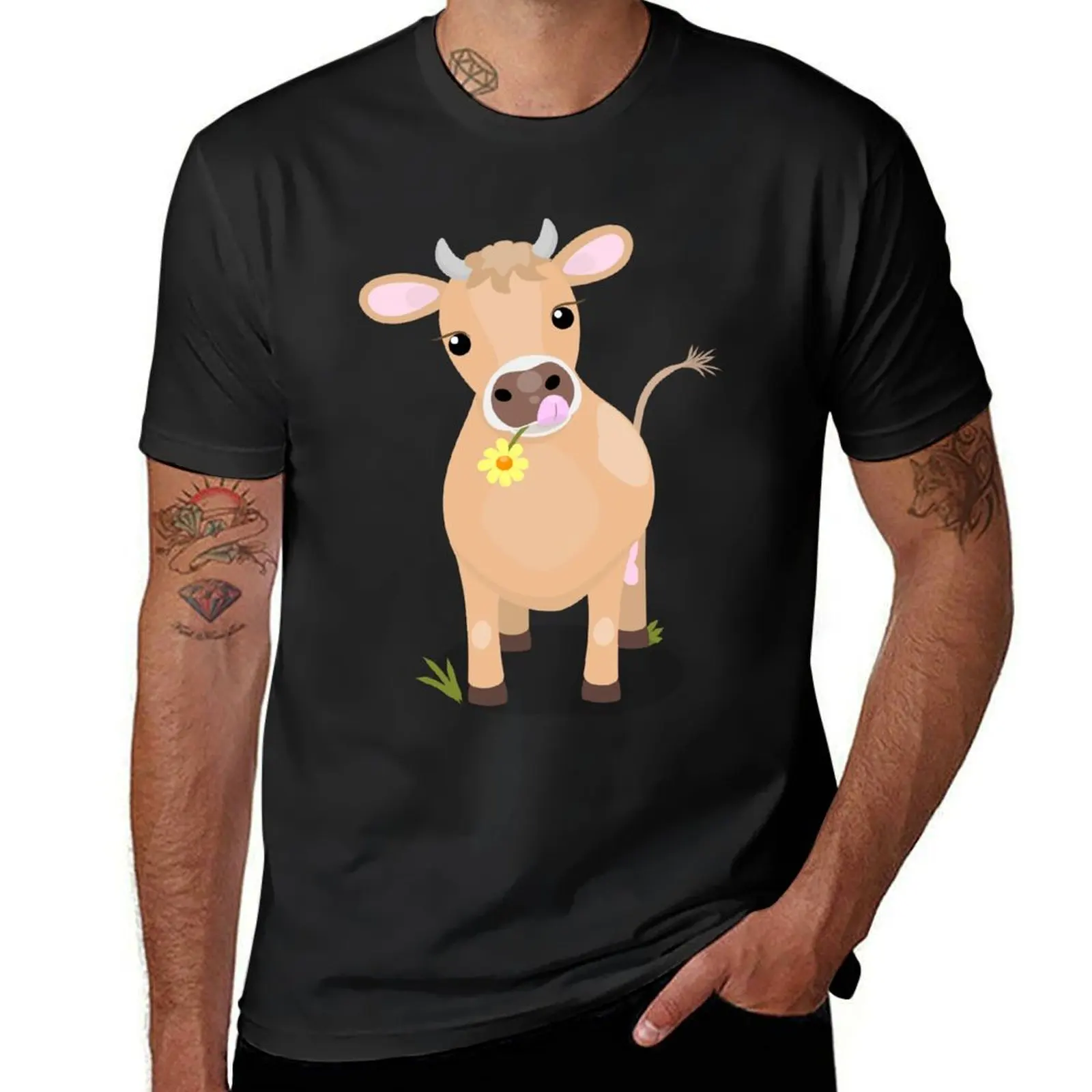 

Cute happy jersey cow and flower cartoon T-Shirt aesthetic clothes sublime mens big and tall t shirts