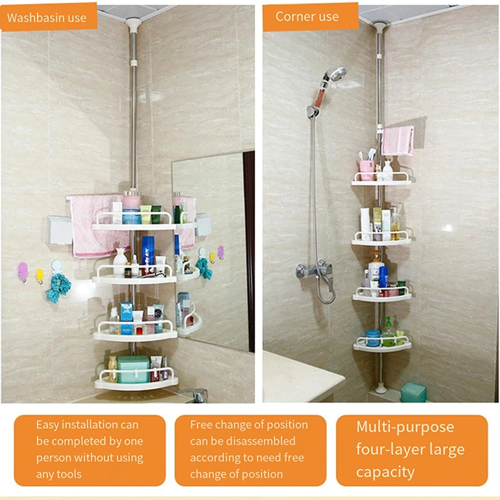 Telescopic Corner Shelf Stainless Steel Frame Storage Basket Adjustable 4 Trays Shower Caddy Organizer Shelf Shower Corner Stand