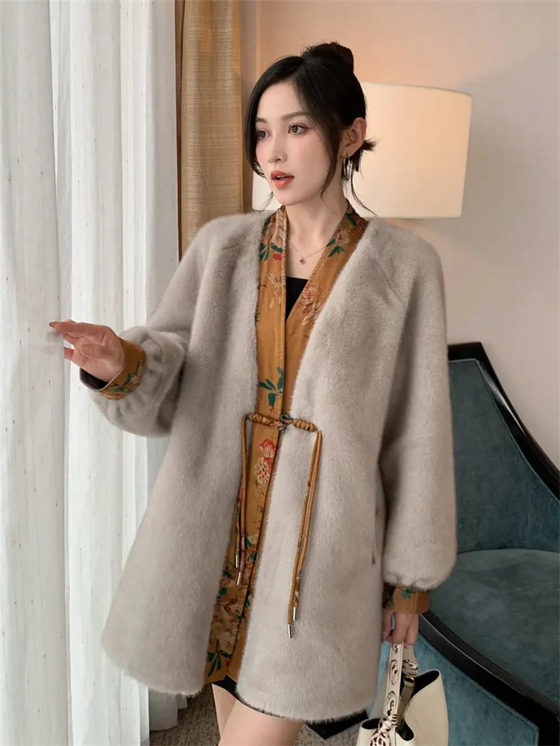 2024 Spring and Autumn Female Imitation Rabbit Sable Fur Integrated Coat Women New Chinese style Medium to Long Fleece Fur Coat