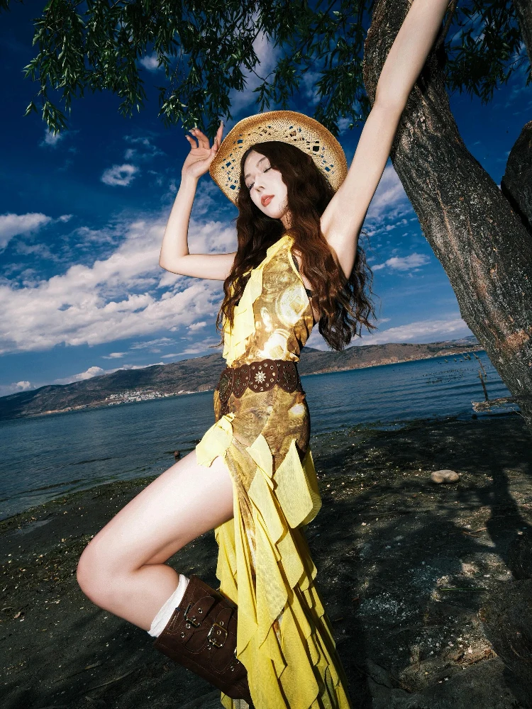 

Платье-ципао женское uu Studio Spicy Girl с золотым принтом, V-образным вырезом, разрезом и вставками, повседневное, простое, элегантное, миди