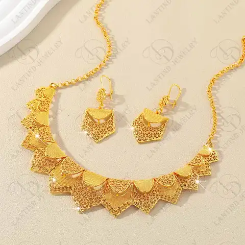 As00068 Dubai Elegant Lady 24K Gold Plated Hollow Geometric Flag Design Handmade Necklace Earrings Ethiopian Bride Exquisite Jewelry Set